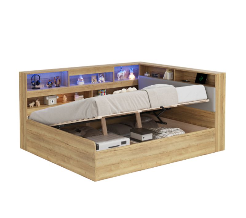 Lit 90x200 Cm Avec Rangement Hydraulique, LED, USB Et Tablette, Bois