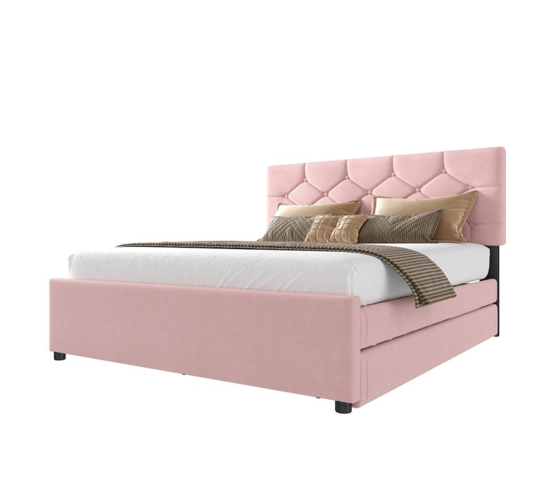Lit Enfant 140x200 Avec Lit Gigogne 90x190,sommier Et Tête Capitonnée, Rose
