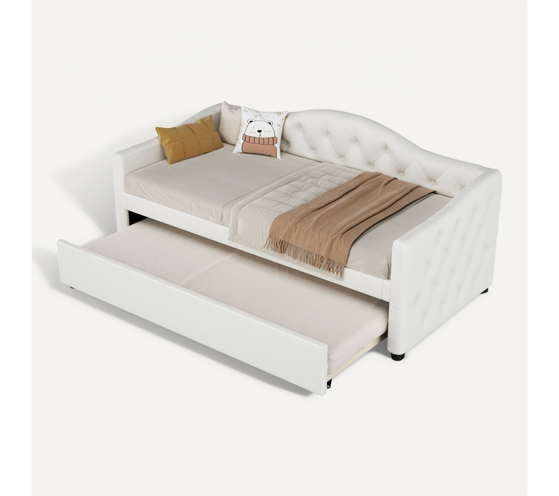 Banquette Lit 90x200 Avec Lit Gigogne, Lin Beige