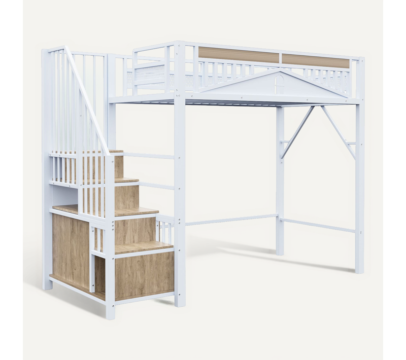 Lit Mezzanine 90x200 Avec Escalier Rangement Barrière Sécurité, Métal, Blanc