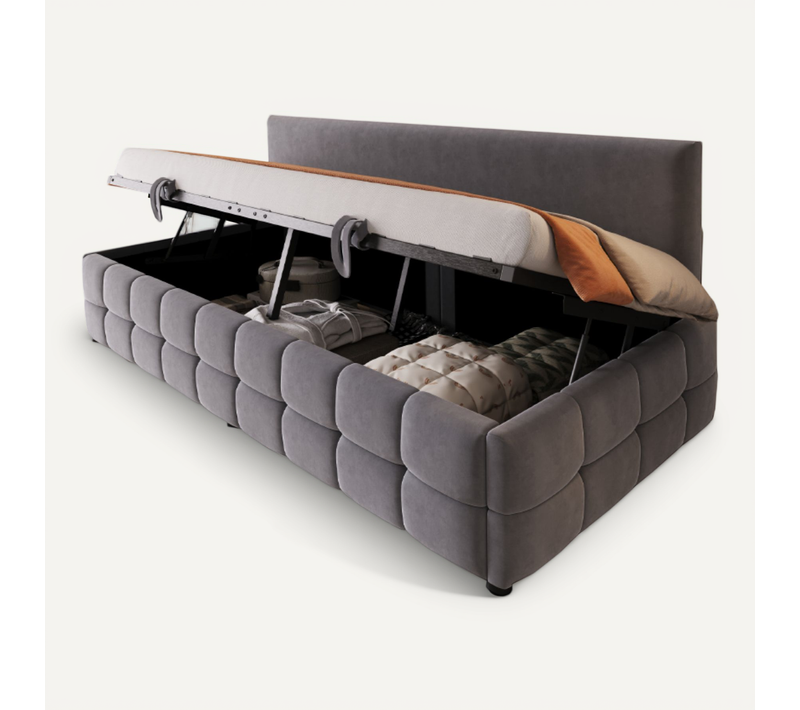 Lit Capitonné Enfant 90x200 Cm Hydraulique Rangement, Velours Gris