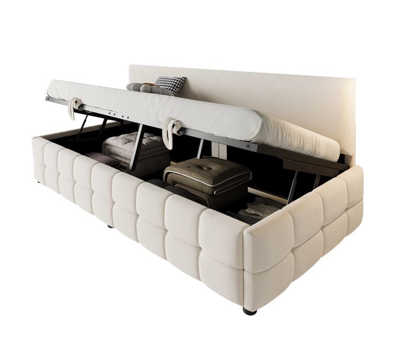 Lit Capitonné Enfant 90x200 Cm Hydraulique Rangement, Velours Beige