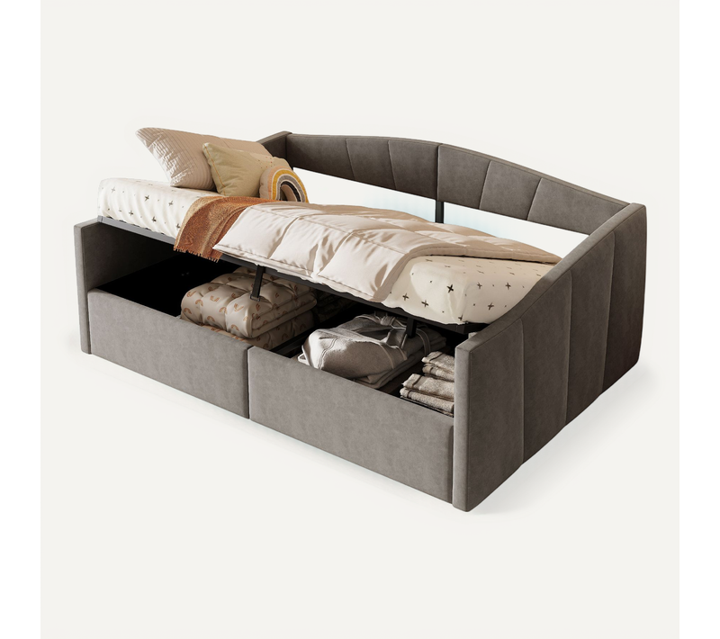Lit Coffre 140x200 Cm Avec Coffre Hydraulique En Velours, Gris