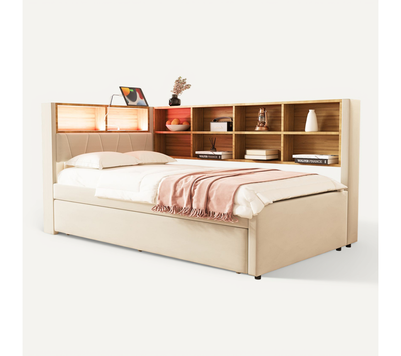 Lit Enfant 90x200 Cm Avec Lit Gigogne 90x190, LED USB Prise, Velours Beige