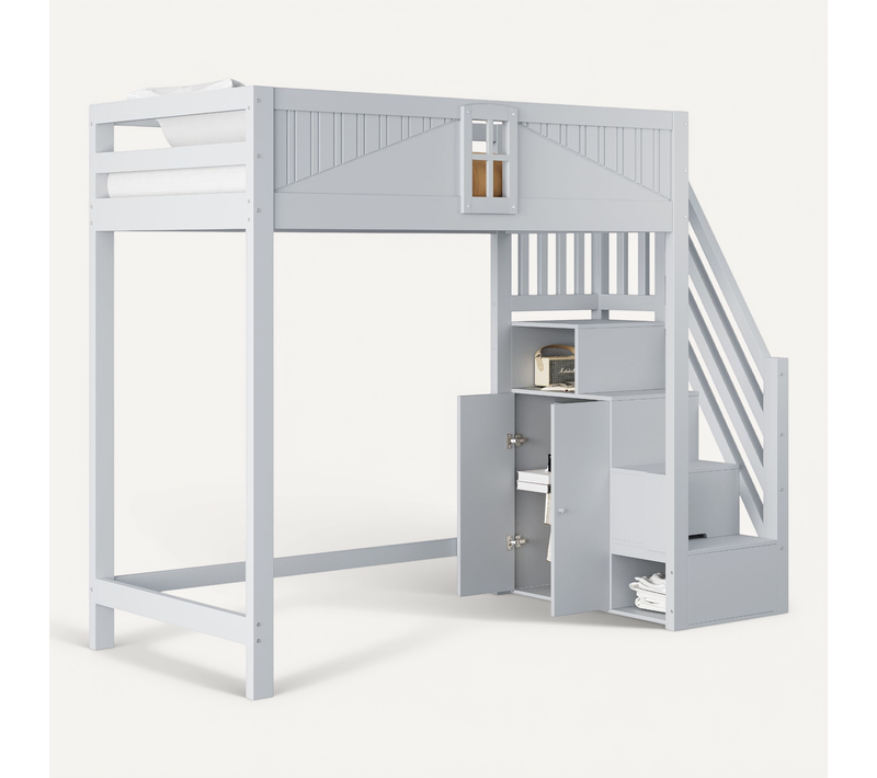 Lit Mezzanine 90x200 Cm En Bois Avec échelle Rangement, Gris