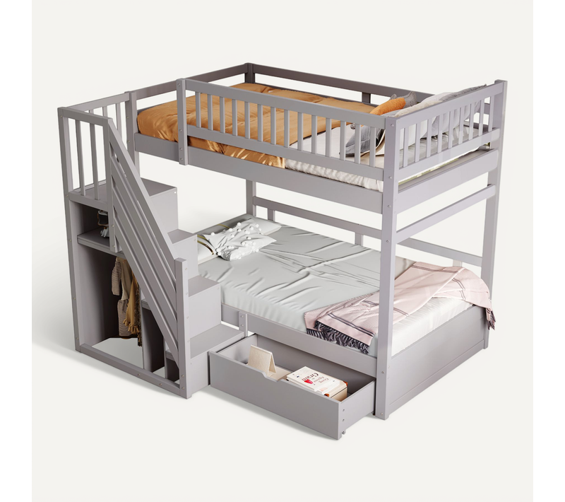Lit Superposé 90x200 Cm En Bois Massif Avec Escalier Rangement Et Tiroir, Gris