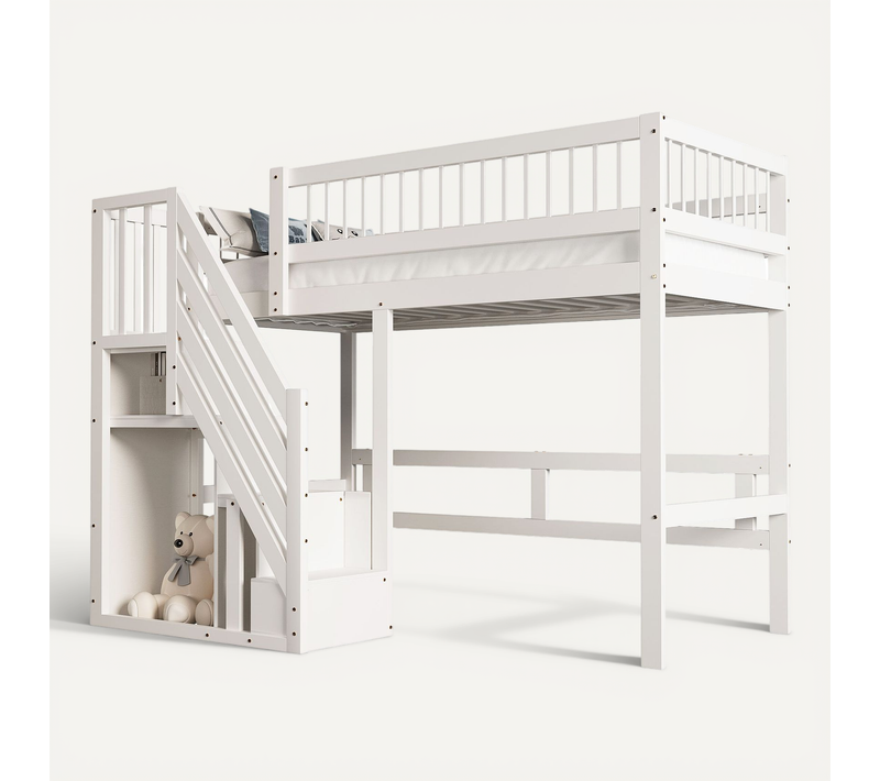 Lit Mezzanine 90x200 Cm En Bois Avec Escalier Rangement, Blanc