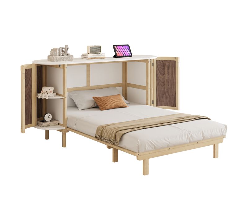 Lit Escamotable 140x200 Cm Avec Sommier Et Rangements, Rotin Bois