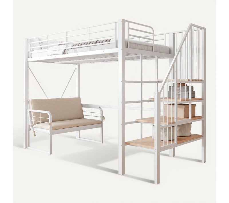 Lit Mezzanine 90x200 Avec Canapé Amovible, Rangement Et échelle, Blanc