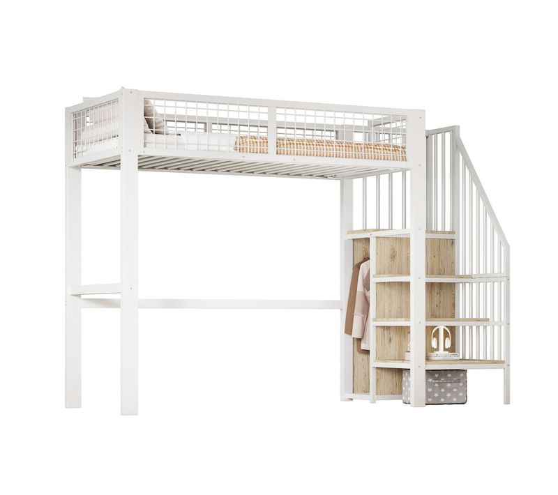 Lit Mezzanine 90x200 Cm Avec échelle, Cadre Métallique Et Rangement, Armoire Sous L'échelle, Blanc