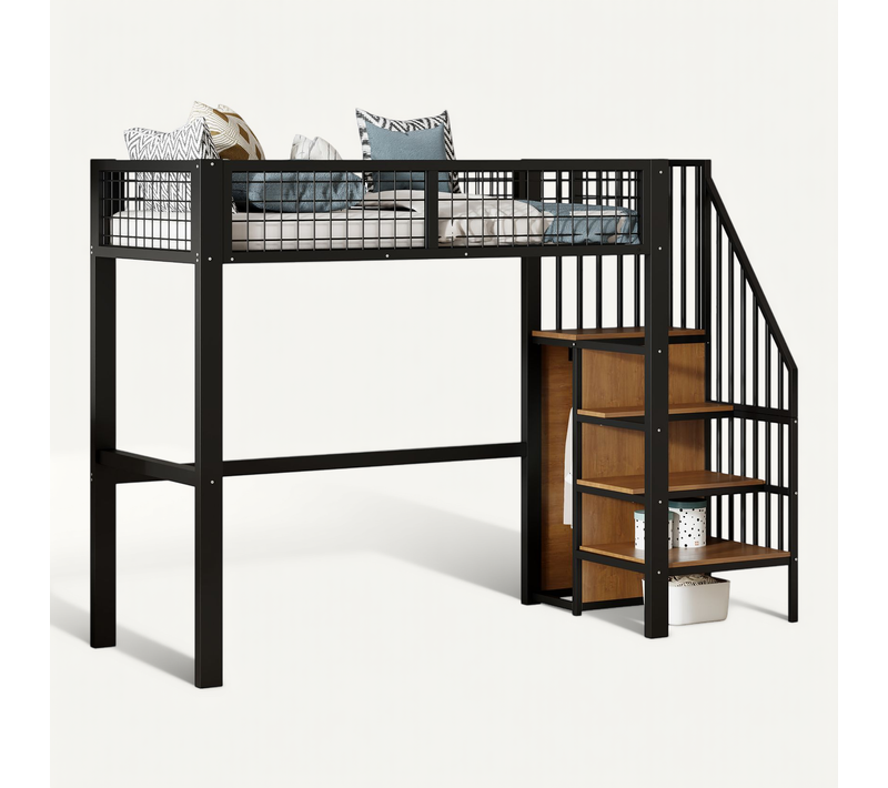 Lit Mezzanine 90x200 Cm Avec échelle, Cadre Métallique Et Rangement, Armoire Sous L'échelle, Noir