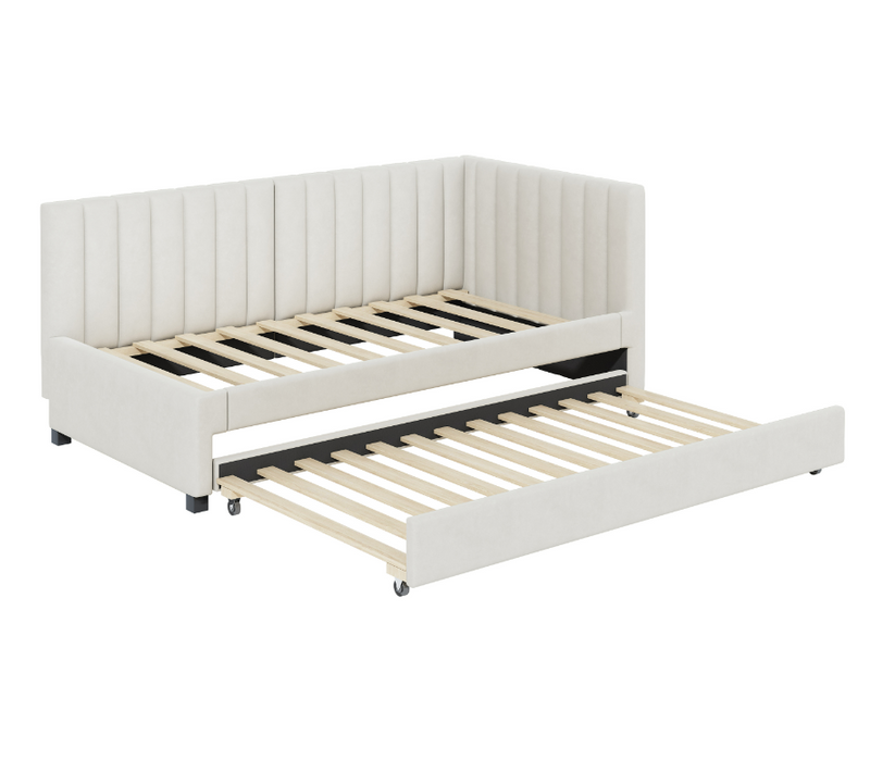 Lit Gigogne 90x200/190 Cm Avec Sommier à Lattes, Lit Canapé Convertible, Velours, Beige