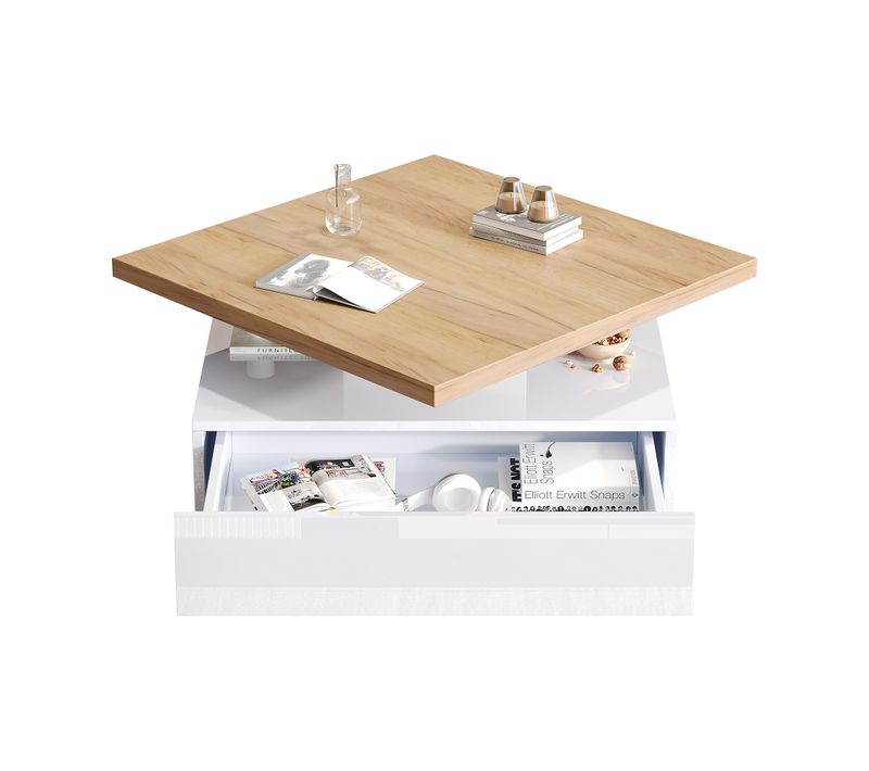 Table Basse Carrée Avec Un Bureau Rotatif à 360° Et 1 Tiroir Blanc