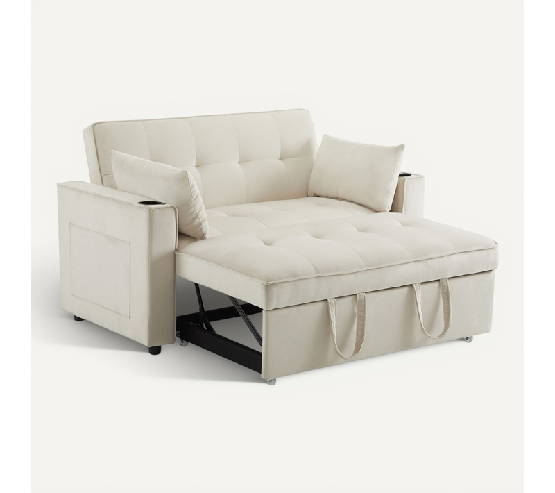 Canapé Convertible 2 Places Avec 2 Porte-gobelets Velours Beige