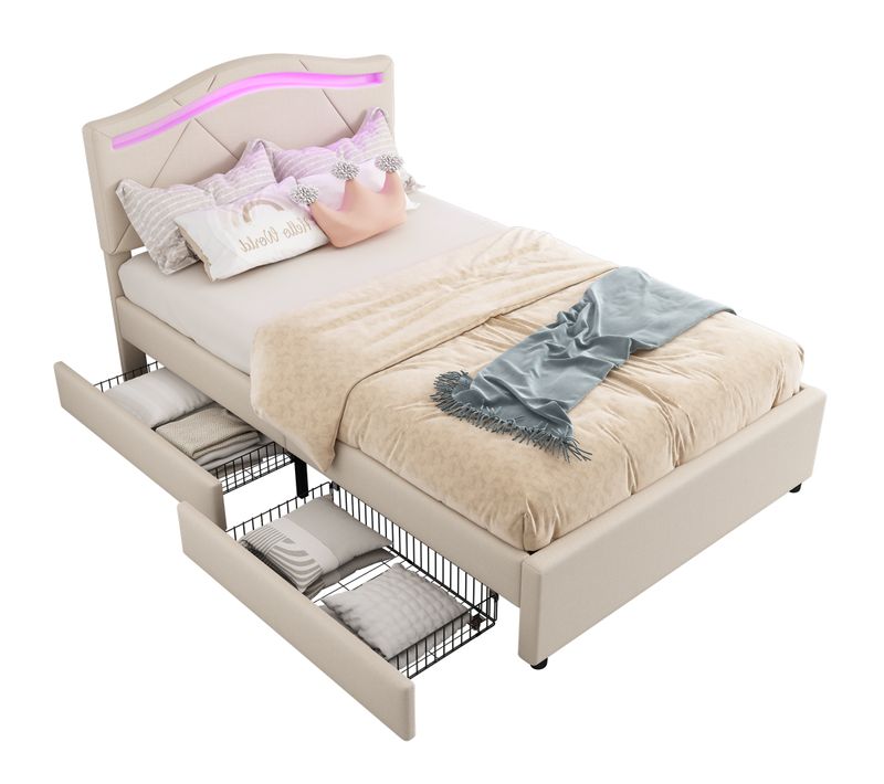 Lit Enfant 90x200cm Avec 2 Tiroirs Et LED Lin Beige