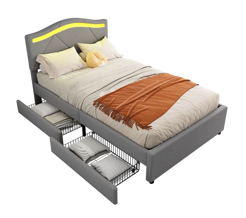 Lit Enfant 90x200cm Avec 2 Tiroirs Et LED Lin Gris