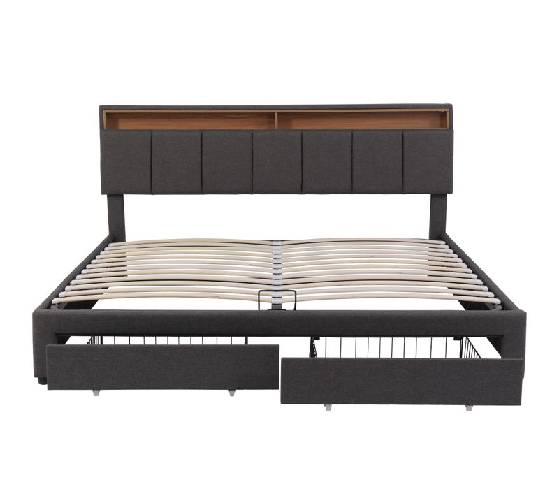 Lit Coffre LED 180 X 200 Cm Avec 2 Tiroirs, Rangement Derrière La Tête De Lit En Gris Foncé