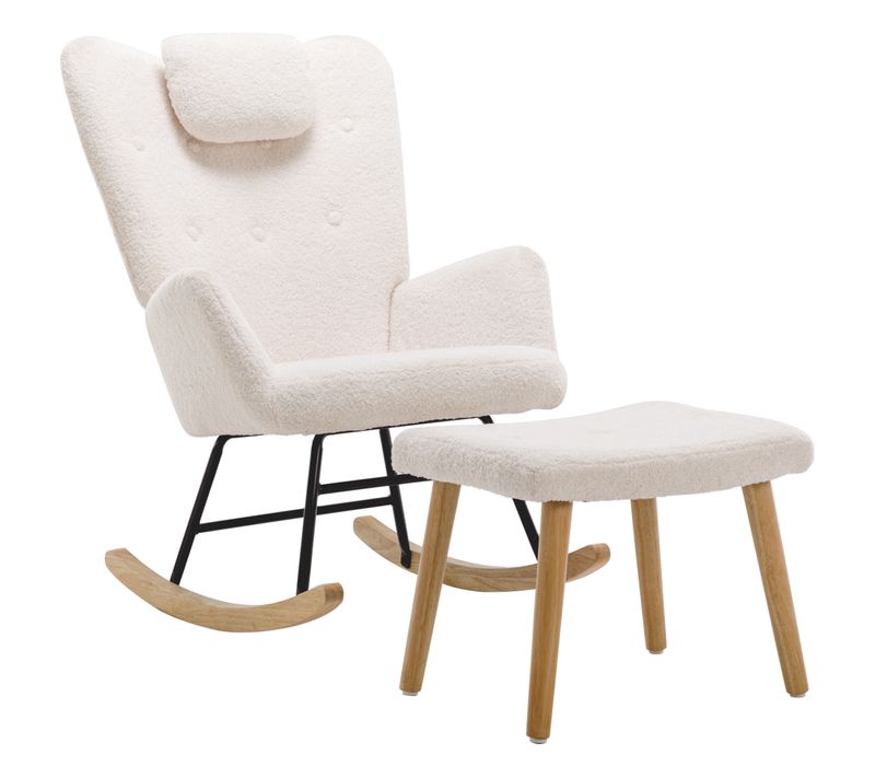 Fauteuil à Bascule Peluche Teddy Avec Appui-tête Et Repose-pieds Chaise De Canapé Blanc