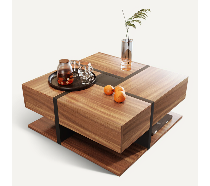 Table Basse Avec 4 Tiroirs 78 X 78 X 36cm En Natural