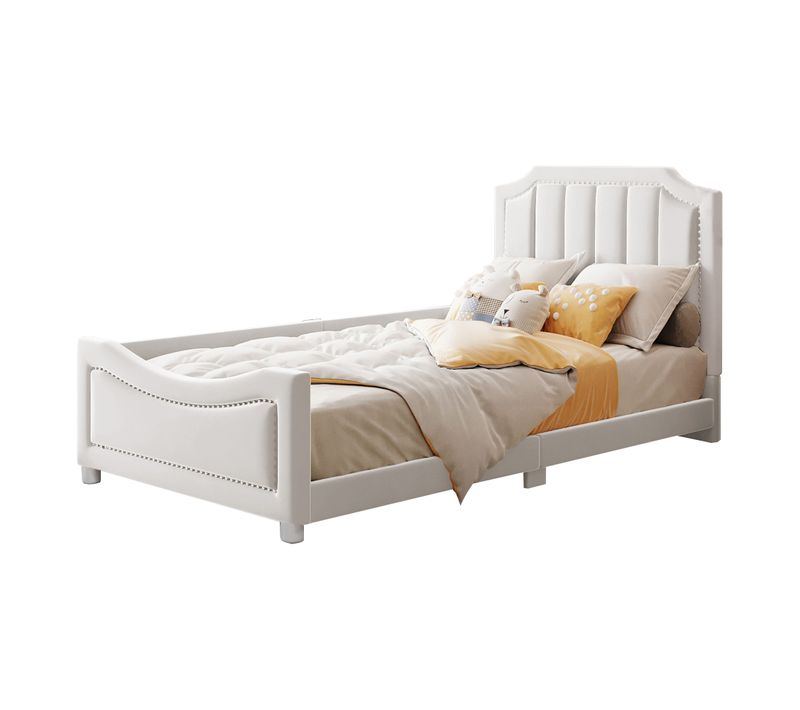 Lit Enfant Lit Rembourré 90 X 200 Cm Canapé-lit Avec Tête De Lit En Beige