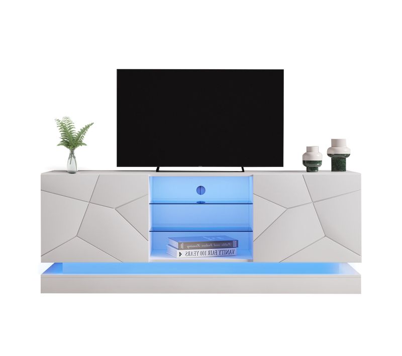 Meuble TV L.160 Cm LED Avec 2 Portes Et 3 Niches En Blanc