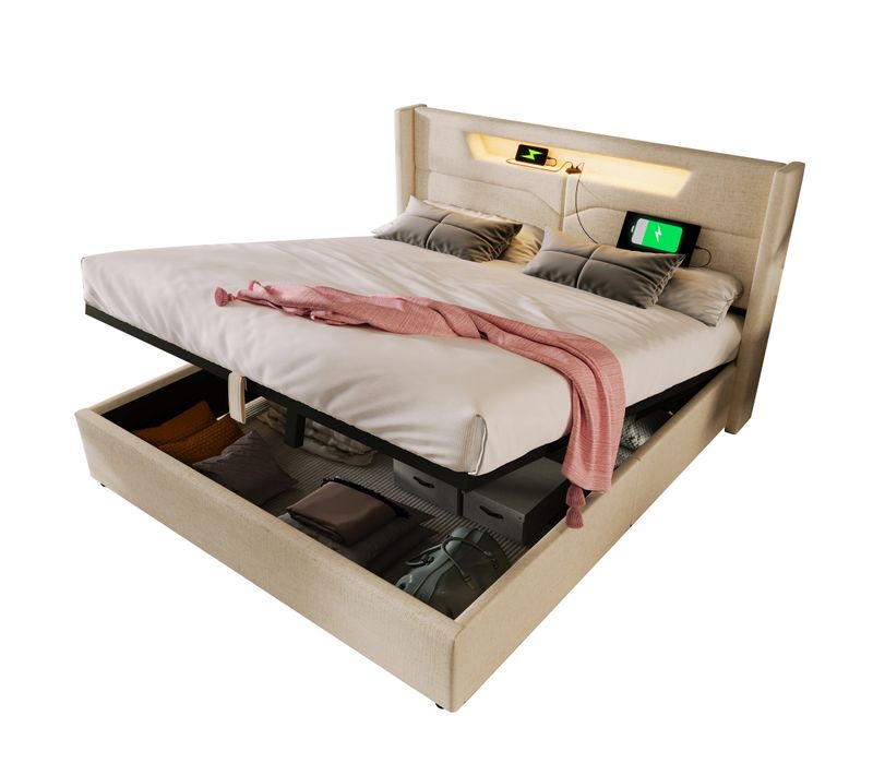 Lit Coffre 140 X 200cm Tête De Lit Avec Liseuse Et Chargement USB Lin En Beige