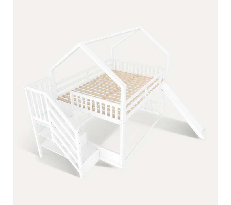 Lit Mezzanine Lit Cabane 140x200cm Avec Escalier Avec Rangement Et Toboggans Blanc