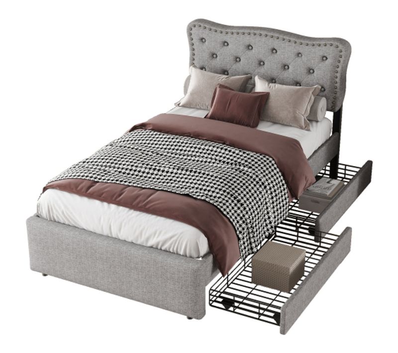 Lit Adulte 90x200cm Avec 2 Tiroirs Gris - Lit Avec Rangement Gris