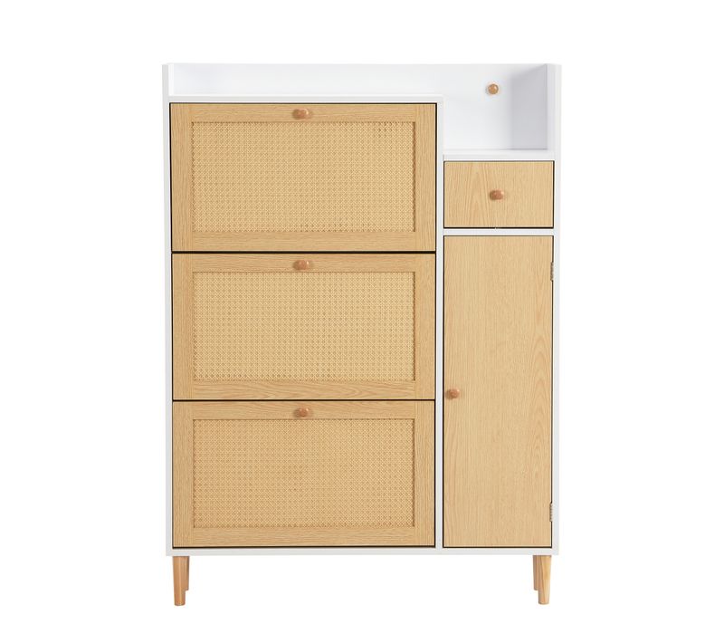 Meuble à Chaussures En Bois De Rotin Avec 3 Portes Basculantes Et 1 Tiroir, Pieds En Bois Massif