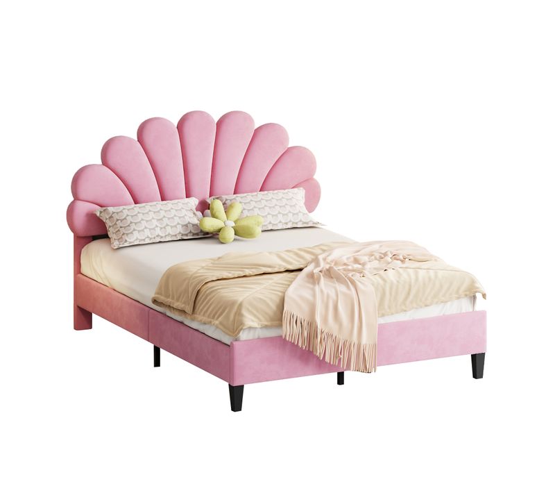 Lit Double Lit Rembourré 140 X 200 Cm Avec Tête De Lit Fleur, Rose