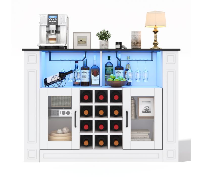 Meuble Bar 120x35x84 Cm Avec LED Et 12 Porte-bouteilles, Blanc