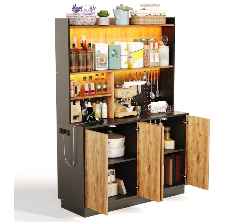 Buffet De Cuisine 120x43x160 Cm Avec LED, Prises USB Et Panneau Perforé, Bois Naturel Et Noir