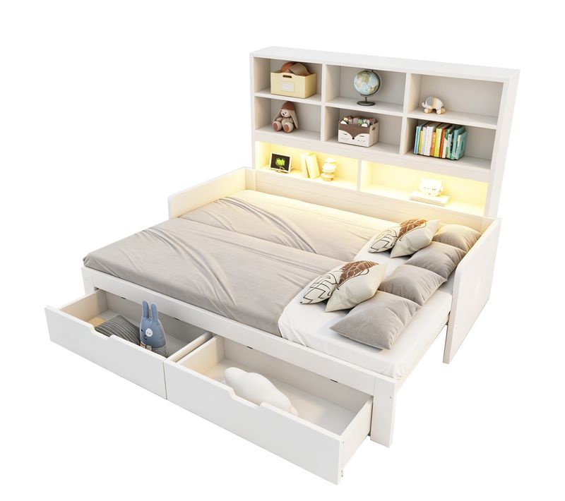 Lit Gigogne 90/180x200 Cm Avec LED, Prises Et Rangements, Blanc