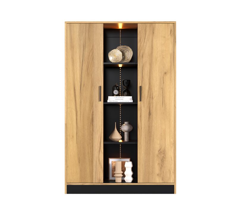 Vitrine 95x35x160 Cm Avec LED Et étagère Ouverte Et Portes, Bois Naturel Et Noir