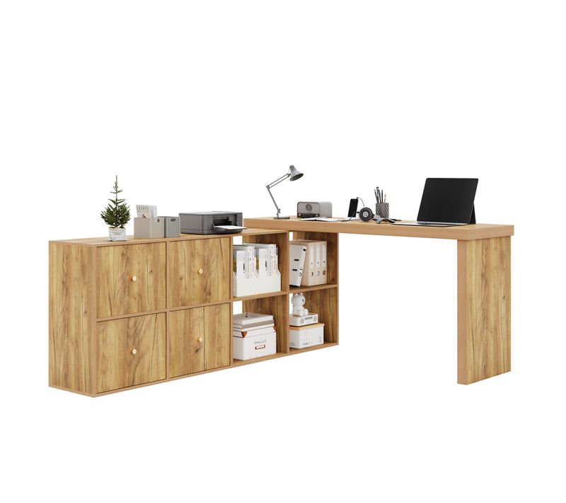 Bureau D'angle Réversible 360° Avec 4 Niches Et 4 Tiroirs,, Plateau Modulable, Bois Naturel