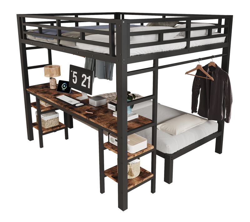 Lit Superposé 140x200 Cm Avec Bureau, Penderie, Double échelle Et Prises USB, Noir