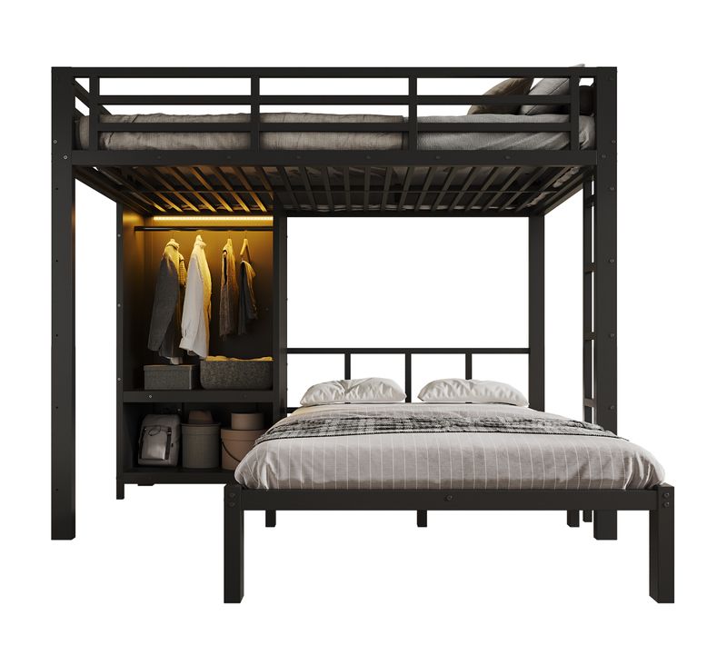 Lit Superposé 120x200 Cm Avec Armoire Intégrée, LED Et échelle Droite, Noir