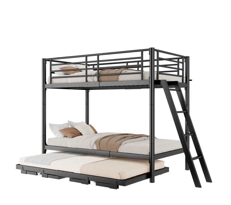 Lit Superposé Enfant 90x200 Cm Avec Lit Gigogne Extensible En Métal, Noir