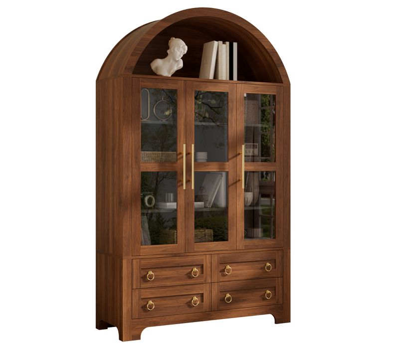 Buffet Avec 3 Portes Vitrées, 4 Tiroirs Et Niche Ouverte En Arche, Noyer