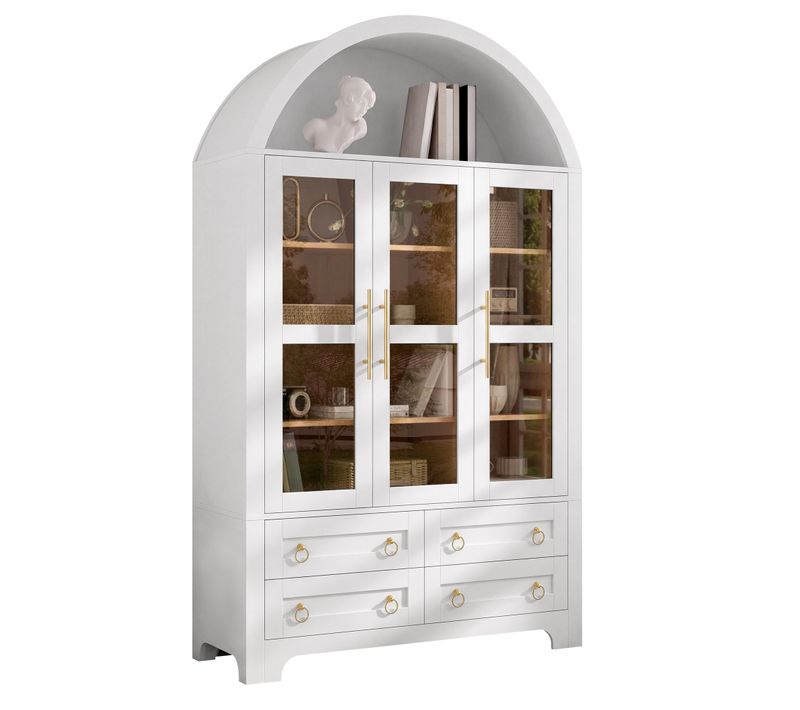 Buffet Avec 3 Portes Vitrées, 4 Tiroirs Et Niche Ouverte En Arche, Blanc