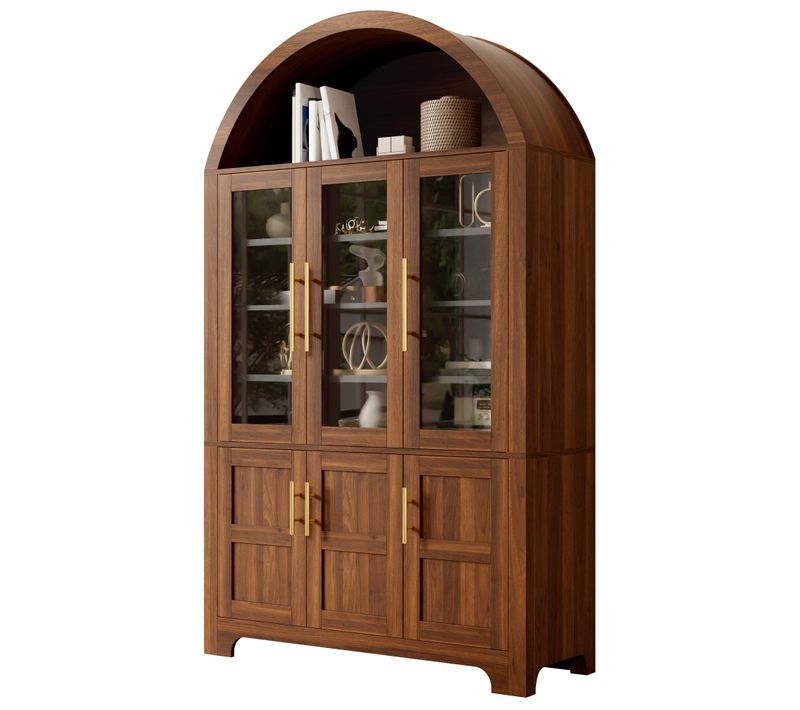 Buffet Avec 3 Portes Vitrées, 3 Portes Et Niche Ouverte En Arche, Noyer