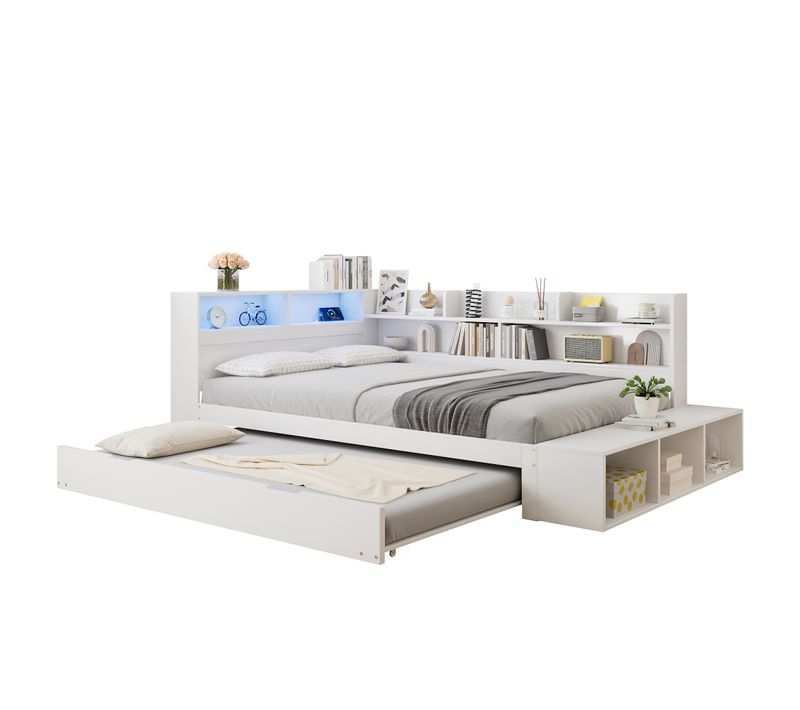 Lit Gigogne 120x200 Cm Avec Lit 90x190, LED, Chargeur Et Rangements, Blanc