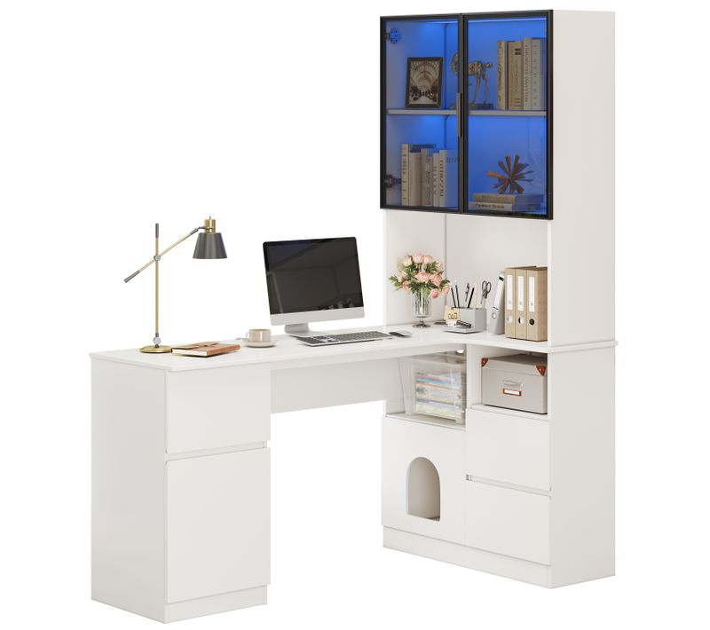 Bureau D'angle Droit 120x80x180 Cm Avec LED, 3 Tiroirs, 2 Portes Et étagères, Blanc