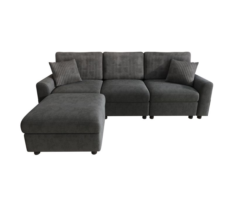 Canapé Droit 3 Places Avec Pouf, USB Et Type-c, Chenille Et Velours Côtelé, Gris Foncé