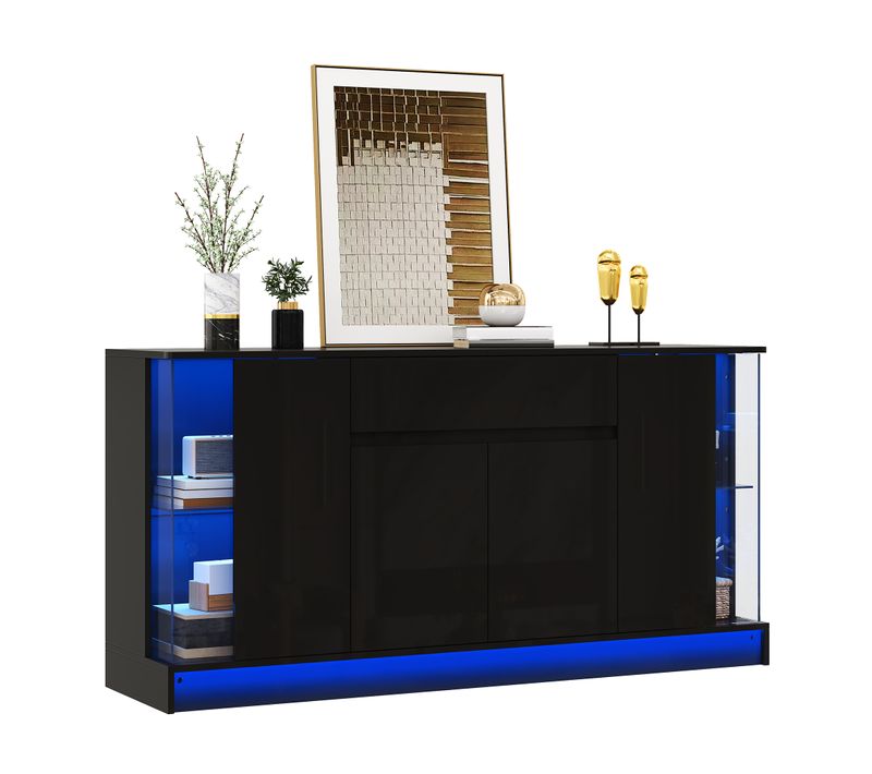 Buffet 150 Cm Avec LED, 1 Tiroir, Portes Vitrées Et Rangement Fermé, Noir