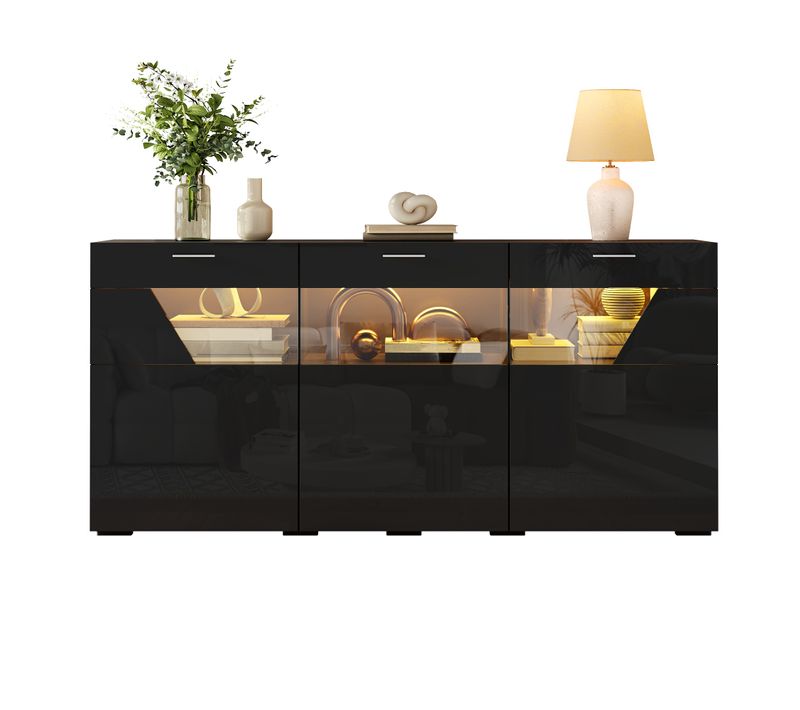 Buffet 160 Cm Avec LED, 3 Portes Vitrées Et Rangement, Noir
