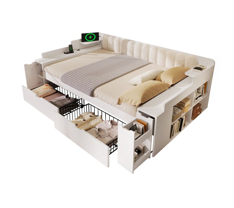 Lit 140x190 Cm Avec 2 Tiroirs, Rangement, USB Et Type-c, Blanc