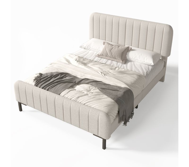 Lit Adulte 140x190 Cm Avec Tête De Lit Réglable Et Sommier À Lattes, Tissu En Lin Beige Gris