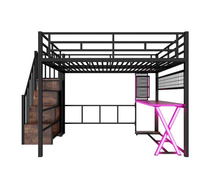 Lit Mezzanine 160x200 Cm Avec LED, Bureau, Armoire Et Escalier Rangement, Noir