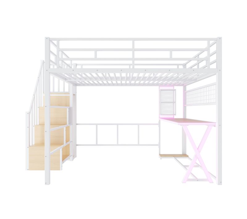 Lit Mezzanine 160x200 Cm Avec LED, Bureau, Armoire Et Escalier Rangement, Blanc